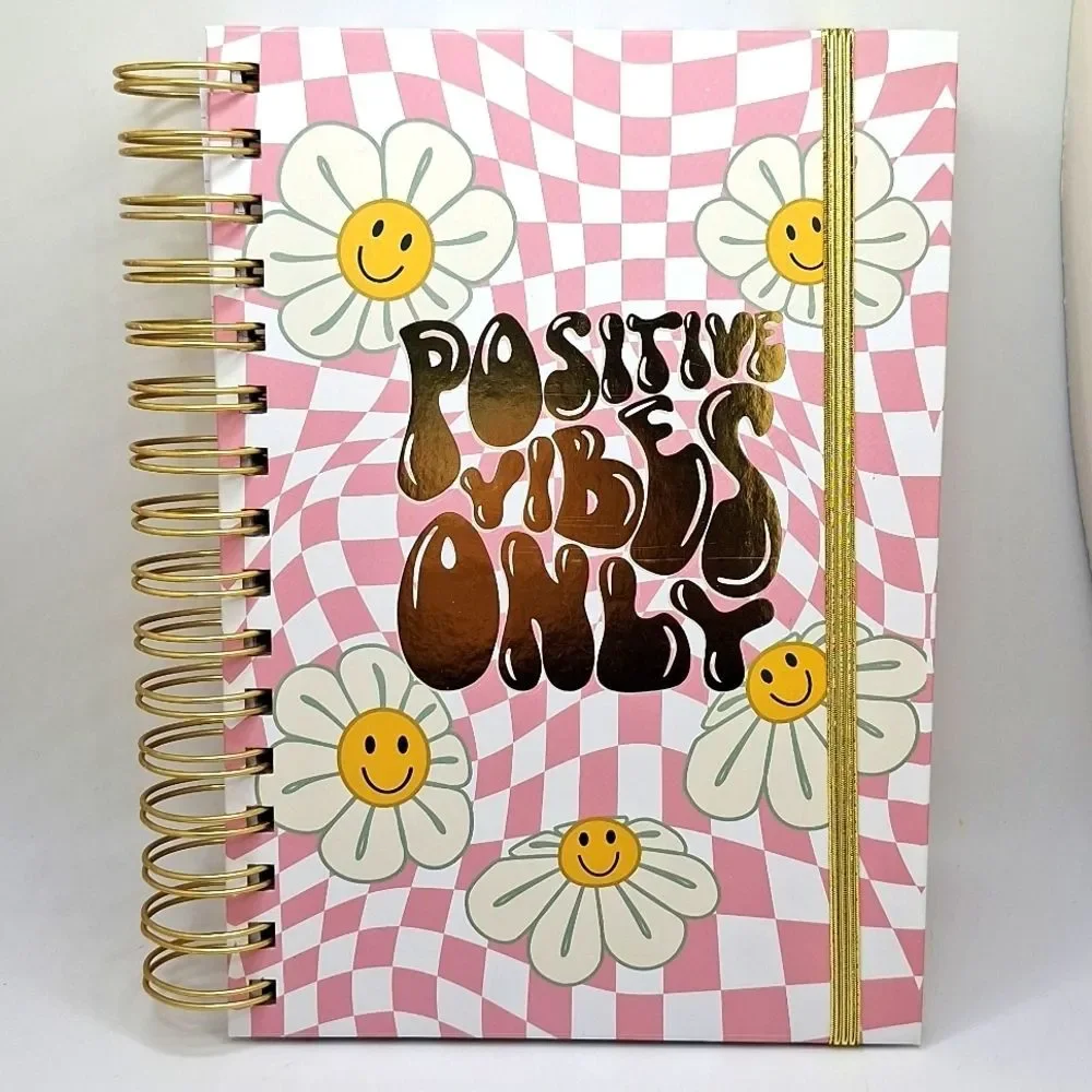Positive vibes spiral notebook, journal Daisy checkered Ledger lined pages